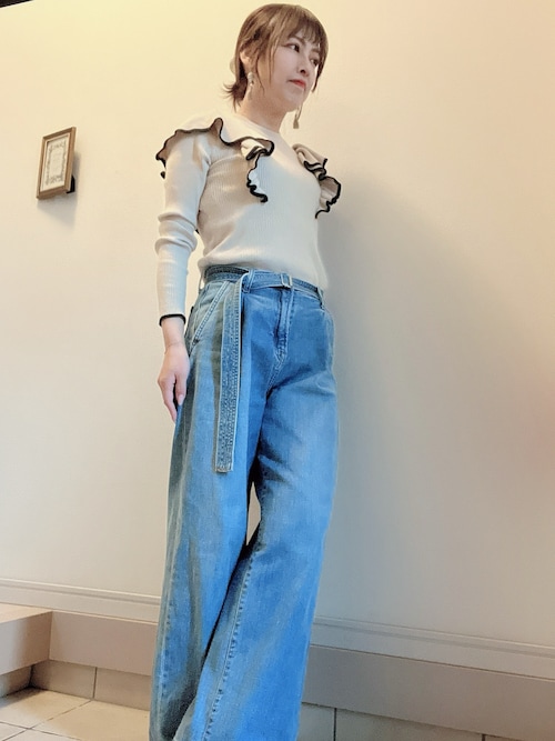 【GANNI】プリーツ ワイドレッグ ジーンズ レディース】Heavy Washed Denim Flared Skirt Jeans | GANNI