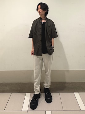 「URBAN RESEARCH DOORS（アーバンリサーチドアーズ）のストライプボタンダウン ショートスリーブシャツ（シャツ/ブラウス、ブラウン系）」を使った、大源さん（メンズ・183cm）の夏コーディネート