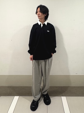 「EKAL（エカル）の『UVカット/静電気防止/イージーケア』SMOOTH WOOLY LIKE トラウザー（その他パンツ、グレー系）」を使った、大源さん（メンズ・183cm）の夏コーディネート