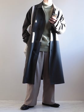 「チャコール」｜「アイテム（ステンカラーコート）」を使った、えーと ☘🐝さん（メンズ・170cm）の冬コーディネート
