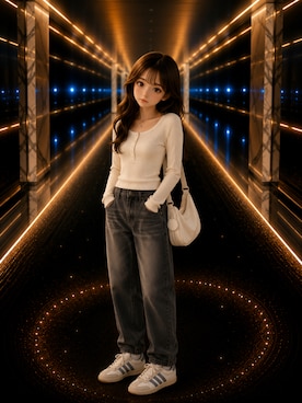 「sheinのアイテム（Tシャツ/カットソー、ホワイト系）」を使った、Airiさん（レディース・154cm）の春コーディネート