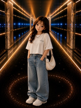 「sheinのアイテム（Tシャツ/カットソー、ホワイト系）」を使った、Airiさん（レディース・154cm）の春コーディネート