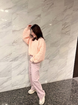 「ワイドパンツ」｜「アイテム（デニムパンツ、ピンク系）」を使った、まりなさん（レディース・152cm）の冬コーディネート