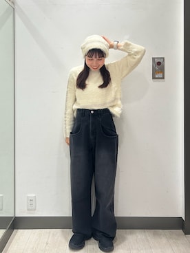 「アイテム（ニットキャップ/ビーニー、ホワイト系）」を使った、おーつさん（レディース・150cm）の冬コーディネート