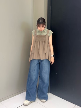 「KBF（ケイビーエフ）のフリルギャザービスチェ（その他トップス、グリーン系）」を使った、おーつさん（レディース・150cm）の夏コーディネート