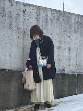 「ボーダートップス」｜「アイテム（ノーカラーコート）」を使った、はるをさん（レディース・156cm）の冬コーディネート