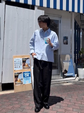 「WYM LIDNM（ウィム バイ リドム）のHIGH TWISTED GABA WIDE TUCK SLACKS（スラックス）」を使った、Ryuさん（メンズ・168cm）の秋コーディネート