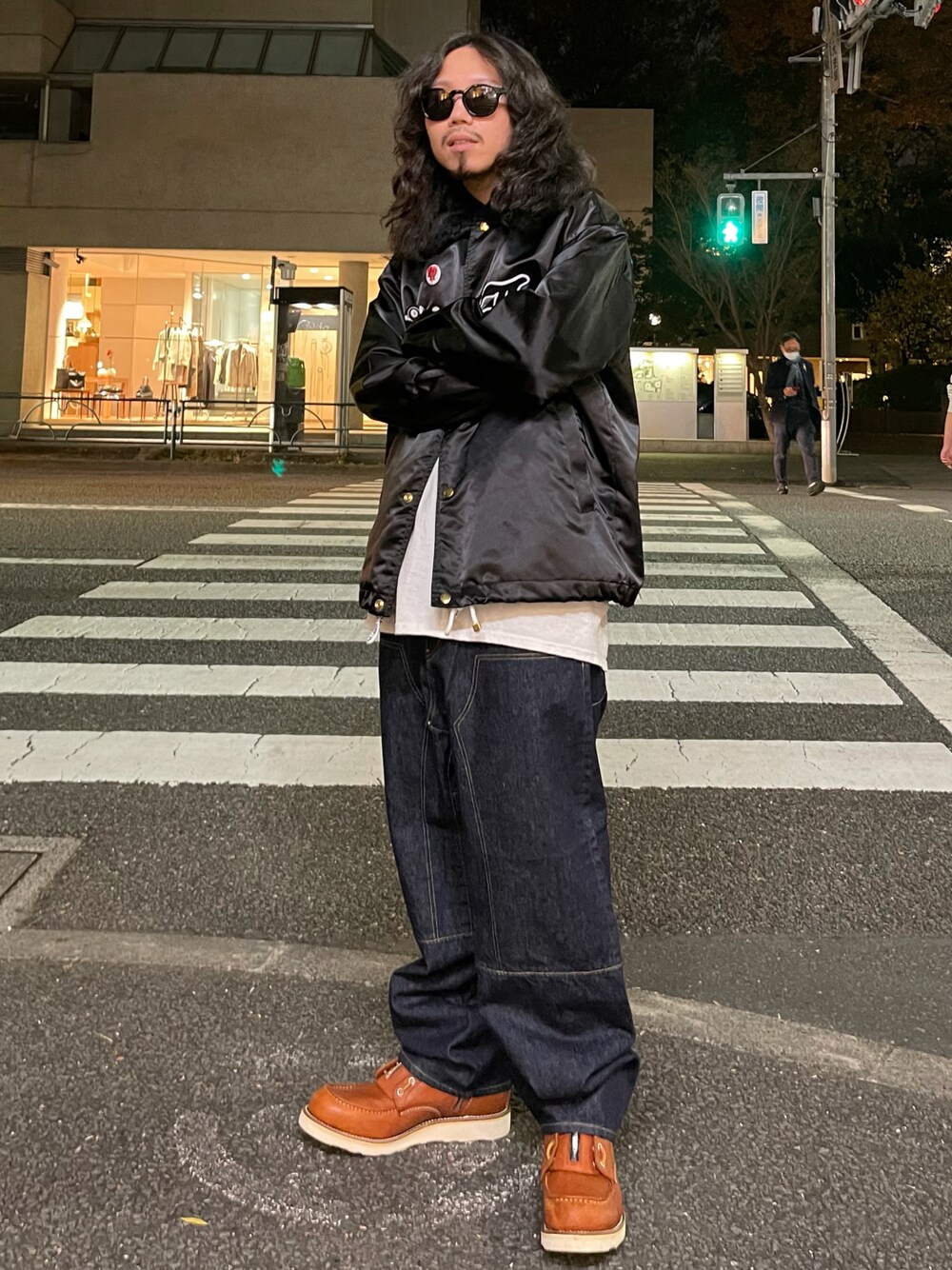 「秋のコーデ、秋冬コーデ、ストリートMIX、アメカジコーデ、アメカジ、サルエルデニム、コーチジャケット、内ボア、ブーツ、ブーツスタイル、ISAMU KATAYAMA BACKLASH、BACKLASH THE COVERS、STUD MUFFIN、ROYAL FLASH、代官山」｜「STUD MUFFINの【別注】STUD MUFFIN/スタッドマフィン/ファーコーチジャケット（ブルゾン、ブラック系）」を使った、AOKIFLASH‼︎!さん（メンズ・166cm）の秋コーディネートの1枚目の写真