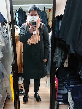 「RAF SIMONS（ラフシモンズ）のアイテム（ステンカラーコート）」を使った、高さん（メンズ・176cm）の冬コーディネート