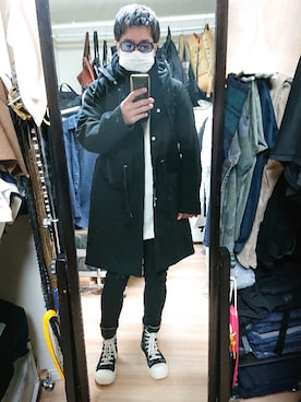 「RAF SIMONS（ラフシモンズ）のアイテム（モッズコート）」を使った、高さん（メンズ・176cm）の冬コーディネート