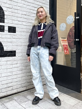 「ショート丈ジャケット」｜「アイテム（ニット/セーター）」を使った、出村彩乃さん（レディース・159cm）の冬コーディネート