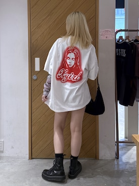 「X-girl（エックスガール）のSPRAY FACE S/S BIG TEE DRESS（ワンピース、ホワイト系）」を使った、AYANOさん（レディース・159cm）の春コーディネート