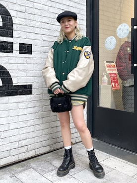 「ハンチング」｜「アイテム（スタジャン）」を使った、出村彩乃さん（レディース・159cm）の冬コーディネート