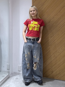 「X-girl（エックスガール）のDISTRESSED BAGGY DENIM PANTS（デニムパンツ、ブルー系）」を使った、AYANOさん（レディース・159cm）の夏コーディネート