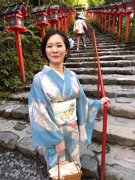 「豆千代モダンのアイテム（浴衣、ブルー系）」を使った、miou.さん（レディース・152cm）の春コーディネート