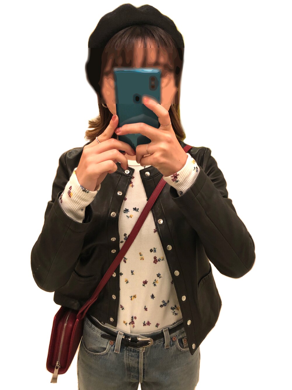 「ライダース、花柄、サーマル、ワッフルカットソー、GAP、デニム、Levi's」｜「allurevilleのアイテム（ノーカラーコート、ブラック系）」を使った、どんくんさん（レディース・161cm）の秋コーディネートの1枚目の写真