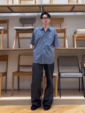 「DANTON（ダントン）のMen's T/C Poplin Short Sleeve Work Shirt（シャツ/ブラウス、ブルー系）」を使った、manatoさん（メンズ・173cm）の春コーディネート