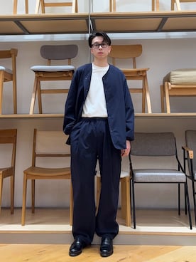 「EKAL（エカル）のDOT AIR NO COLLOR CARDIGAN（カーディガン/ボレロ、ブルー系）」を使った、manatoさん（メンズ・173cm）の春コーディネート