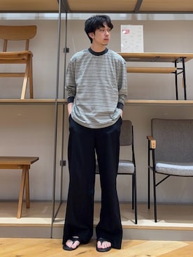 「FORK&SPOON（フォークアンドスプーン）のFORK&SPOON　プレーティングボーダーロングスリーブTシャツ（Tシャツ/カットソー、グレー系）」を使った、manatoさん（メンズ・173cm）の夏コーディネート