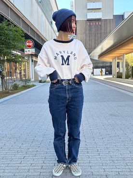「OVERRIDE（オーバーライド）のOVERRIDE  REP WOVEN LABEL WATCH / オーバーライド（ニットキャップ/ビーニー、ブルー系）」を使った、Saikaさん（レディース・156cm）の秋コーディネート