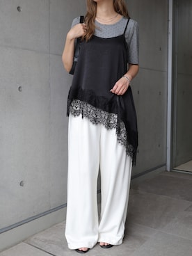 「andme（アンドミー）のドット柄パフスリーブ半袖トップス（Tシャツ/カットソー、グレー系）」を使った、andmeさん（レディース・159cm）の夏コーディネート