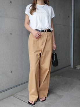「andme（アンドミー）の【新色・新サイズ追加】ワイドベイカーパンツ（S/M/L/XL/トールサイズ)（その他パンツ、ベージュ系）」を使った、andmeさん（レディース・159cm）の夏コーディネート