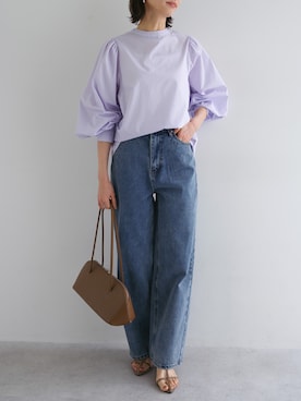 「evernavy（エバーネイビー）の《新サイズ追加/5サイズ展開》カーブデニムパンツ【S/SP/M/L/XL】（デニムパンツ、ブルー系）」を使った、andmeさん（レディース・160cm）の春コーディネート