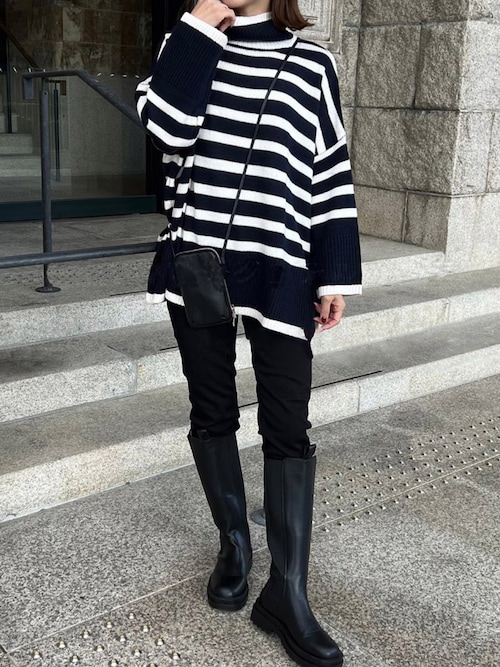 セール】タートルネック長袖ボーダーニットトップス（ニット/セーター