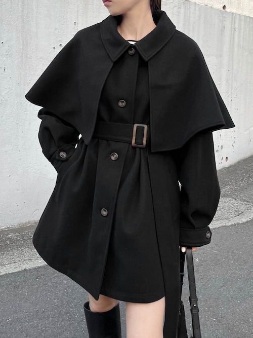 andme ステンカラーコート コート ケープ＆ベルト付きフェイクウール