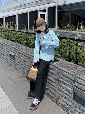 「tiptop（ティップトップ）のバックシャンストライプBIGシャツ（シャツ/ブラウス、グリーン系）」を使った、maiさん（レディース・160cm）の春コーディネート