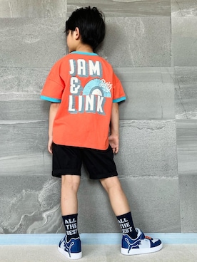 「JAM & LINK（ジャムアンドリンク）のコットン100％ プリント半袖Tシャツ（Tシャツ/カットソー、その他）」を使った、𝗧𝗼𝗻𝗮𓃟𝗡𝗮𝘀𝗵𝗶さん（キッズ・122cm）の春コーディネート