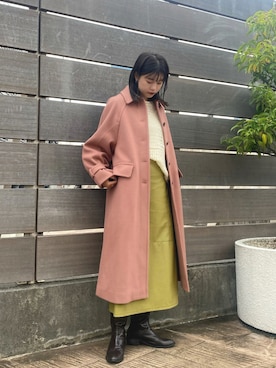 「レザースカート」｜「アイテム（ステンカラーコート）」を使った、𝐑𝐈𝐎さん（レディース・163cm）の秋コーディネート