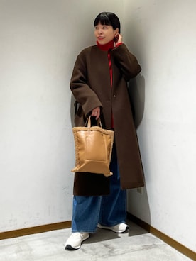 「アイテム（ノーカラーコート、ブラウン系）」を使った、川添（kawazoe）さん（レディース・158cm）の冬コーディネート