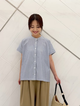 「FORK&SPOON（フォークアンドスプーン）のFORK&SPOON　バンドカラーワイドシャツ（シャツ/ブラウス、ブルー系）」を使った、井上　裕美さん（レディース・158cm）の夏コーディネート