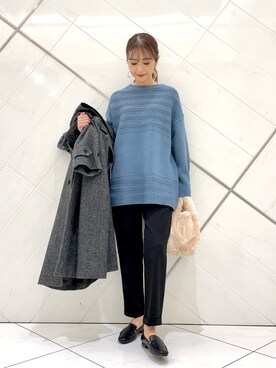 「ブルーニット」｜「アイテム（ステンカラーコート）」を使った、イノウエ ユミさん（レディース・158cm）の秋コーディネート
