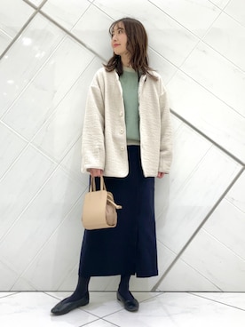 「FORK&SPOON」｜「アイテム（ノーカラージャケット）」を使った、井上　裕美さん（レディース・158cm）の冬コーディネート