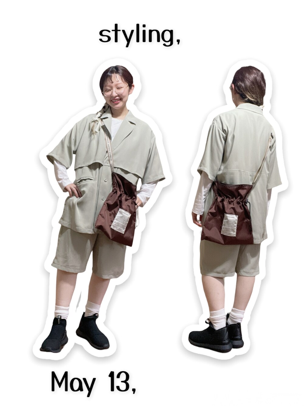 ブラウン系のショルダーバッグ、ホワイト系のTシャツ/カットソー、グリーン系のセットアップを着用したレディースの春コーディネートの1枚目の写真