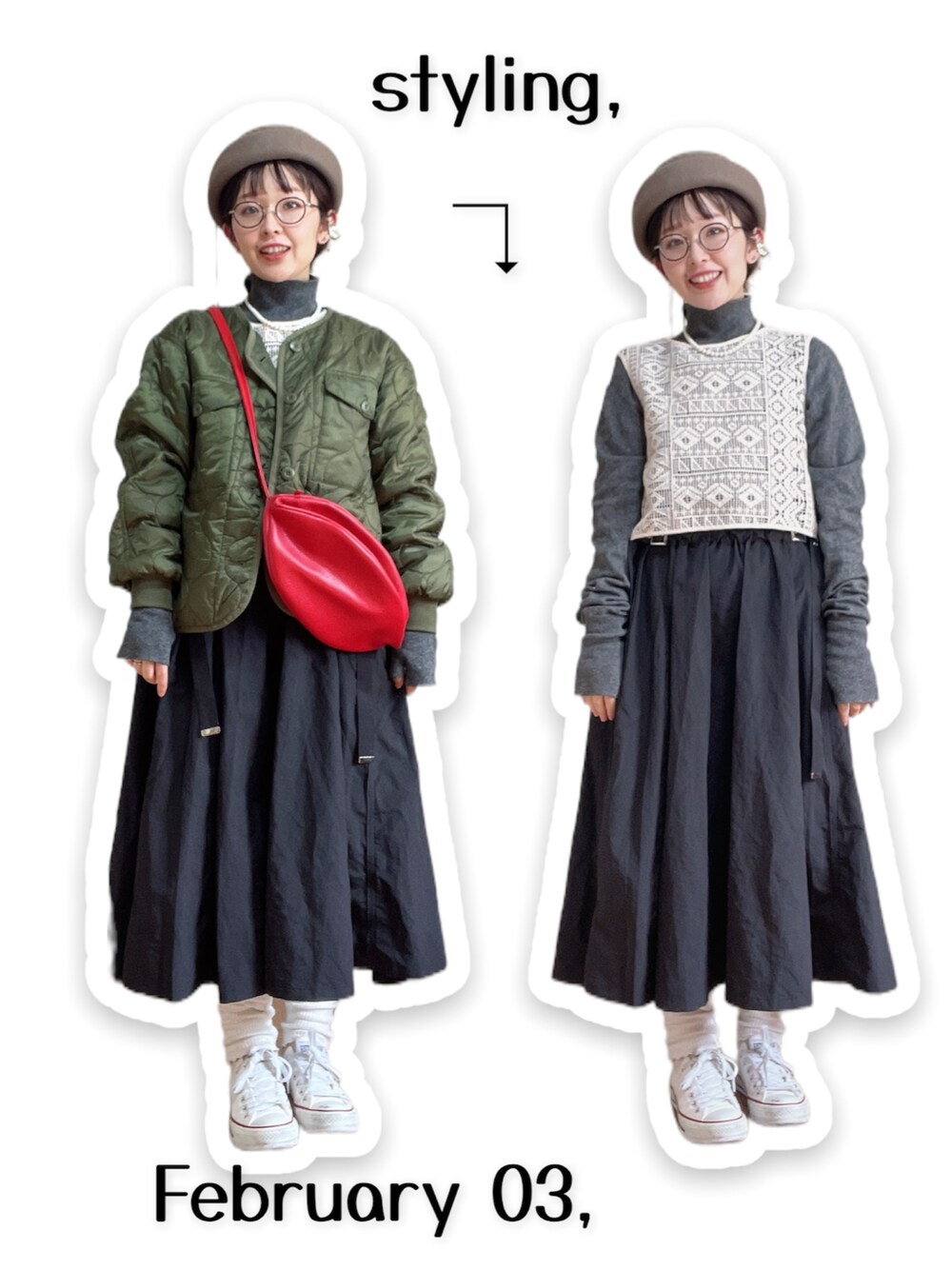 「カジュアル、オトナカジュアル、30代、マスクまでコーディネート、あったかコーデ、大人女子、タートルネック、スカート、ベスト、ショルダーバッグ、ニット/セーター、メガネ女子、ママファッション、converse、トレンド」｜「kaorinomoriのアイテム（帽子、グリーン系）」を使った、kinokonokoさん（レディース・152cm）の冬コーディネートの1枚目の写真