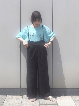 「earth music&ecology（アースミュージックアンドエコロジー）のアイテム（サロペット/オーバーオール、ブラック系）」を使った、˚࿀̊˚さん（レディース・158cm）の夏コーディネート