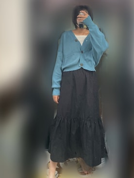 「SLY（スライ）のCRUSH SHORT カーディガン/ショート（カーディガン/ボレロ、ブルー系）」を使った、ふさん（レディース・170cm）の夏コーディネート