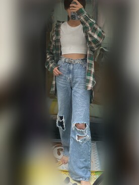 「GU（ジーユー）のアイテム（Tシャツ/カットソー、ホワイト系）」を使った、ふさん（レディース・170cm）の秋コーディネート