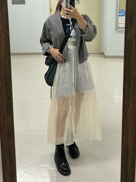 「チュールスカート」｜「アイテム（テーラードジャケット）」を使った、mさん（レディース・158cm）の秋コーディネート