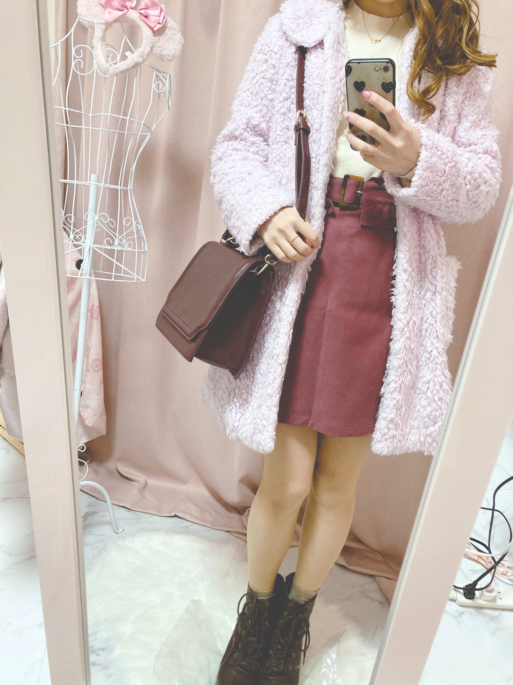 「冬コーデ、休日スタイル、おしゃれさんと繋がりたい」｜「MILKのアイテム（ジャケット/アウター、ピンク系）」を使った、yuumiさん（レディース・158cm）の冬コーディネートの1枚目の写真