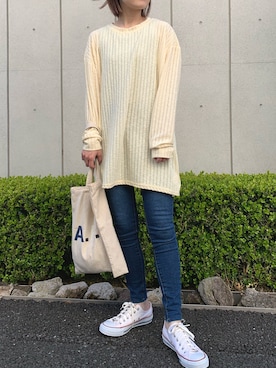 「スキニーデニム」｜「アイテム（ワンピース/ドレス）」を使った、Nakamuraさん（レディース・157cm）の春コーディネート