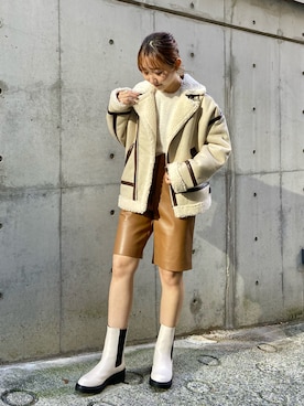 「ハーフパンツ」｜「アイテム（ライダースジャケット）」を使った、みぃさん（レディース・157cm）の秋コーディネート