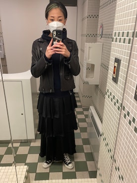 「ショートヘア」｜「アイテム（ライダースジャケット）」を使った、Kumiさん（レディース・168cm）の冬コーディネート