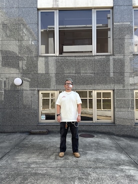 「NEW BALANCE（ニューバランス）のアイテム（Tシャツ/カットソー、ホワイト系）」を使った、ポテチチップさん（メンズ・173cm）の夏コーディネート