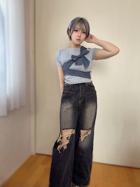 「EMODA（エモダ）のリボンテープTシャツ（Tシャツ/カットソー、グレー系）」を使った、るんさん（レディース・161cm）の秋コーディネート