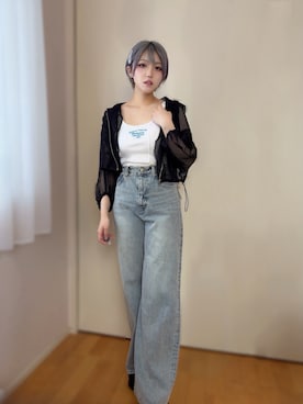 「Chico（チコ）のメッシュ裾ドロストパーカー（シャツ/ブラウス、ブラック系）」を使った、るんさん（レディース・161cm）の秋コーディネート