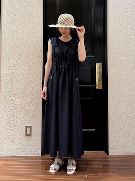 「NANO universe（ナノユニバース）のMINOTECH(R) ノースリーブギャザーマキシワンピース（One piece dress、ブルー系）」を使った、mmさん（レディース・160cm）の夏コーディネート